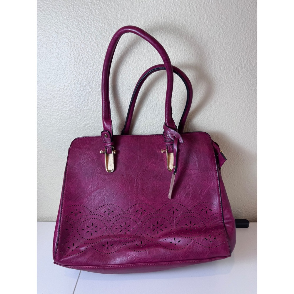 Laser Cut Satchel Handbag Women Medium Magenta‎ Faux Leather Boho Chic